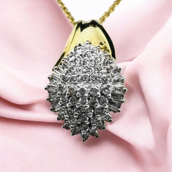 VINTAGE- 14K Gold- 2CT Natural Diamond Necklace -17"-Cluster Round Baguette-2.5g - Picture 10 of 16